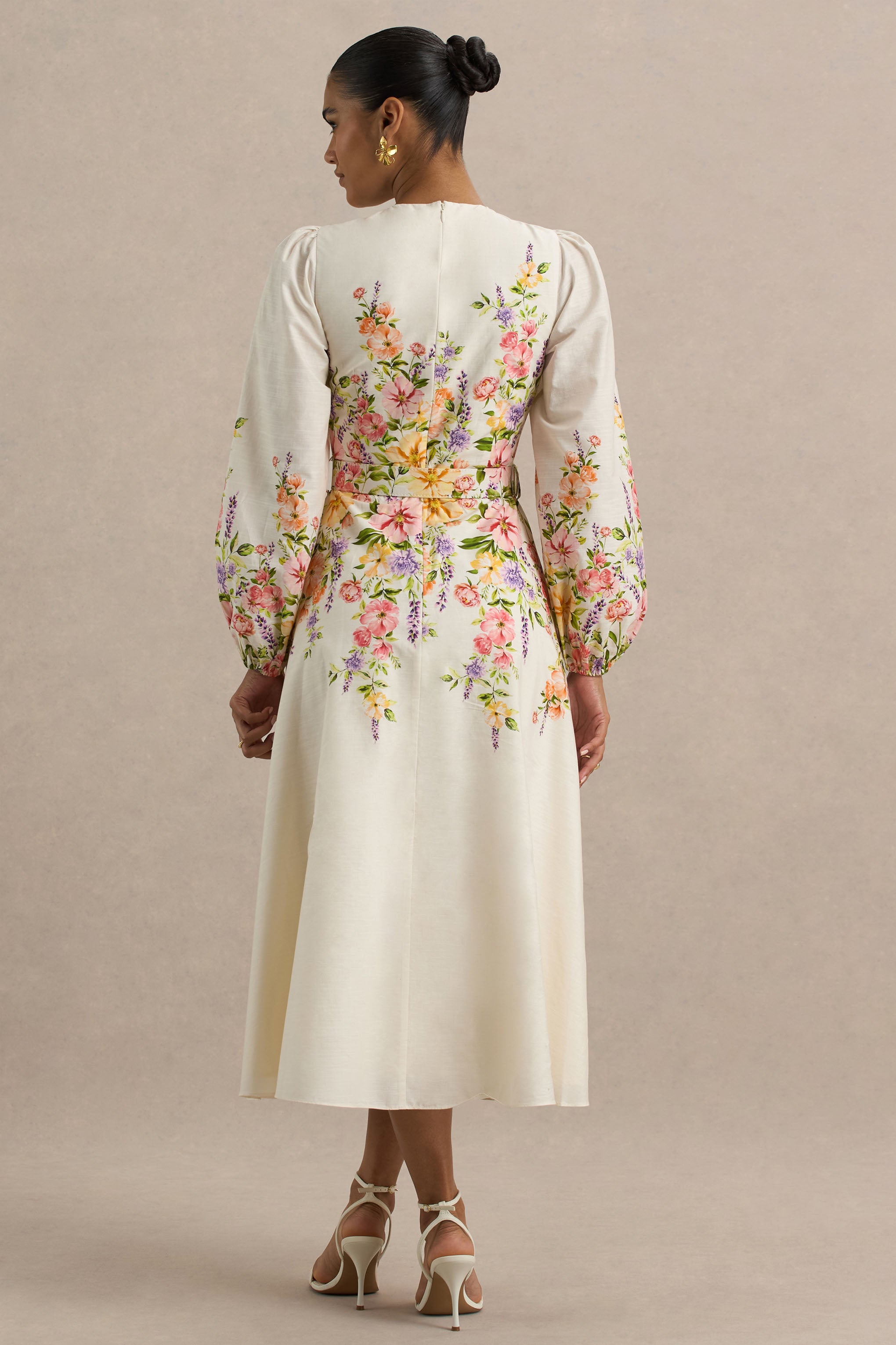 Dahlia | White Floral Border Print High-Neck Midi Dress-Sowoom