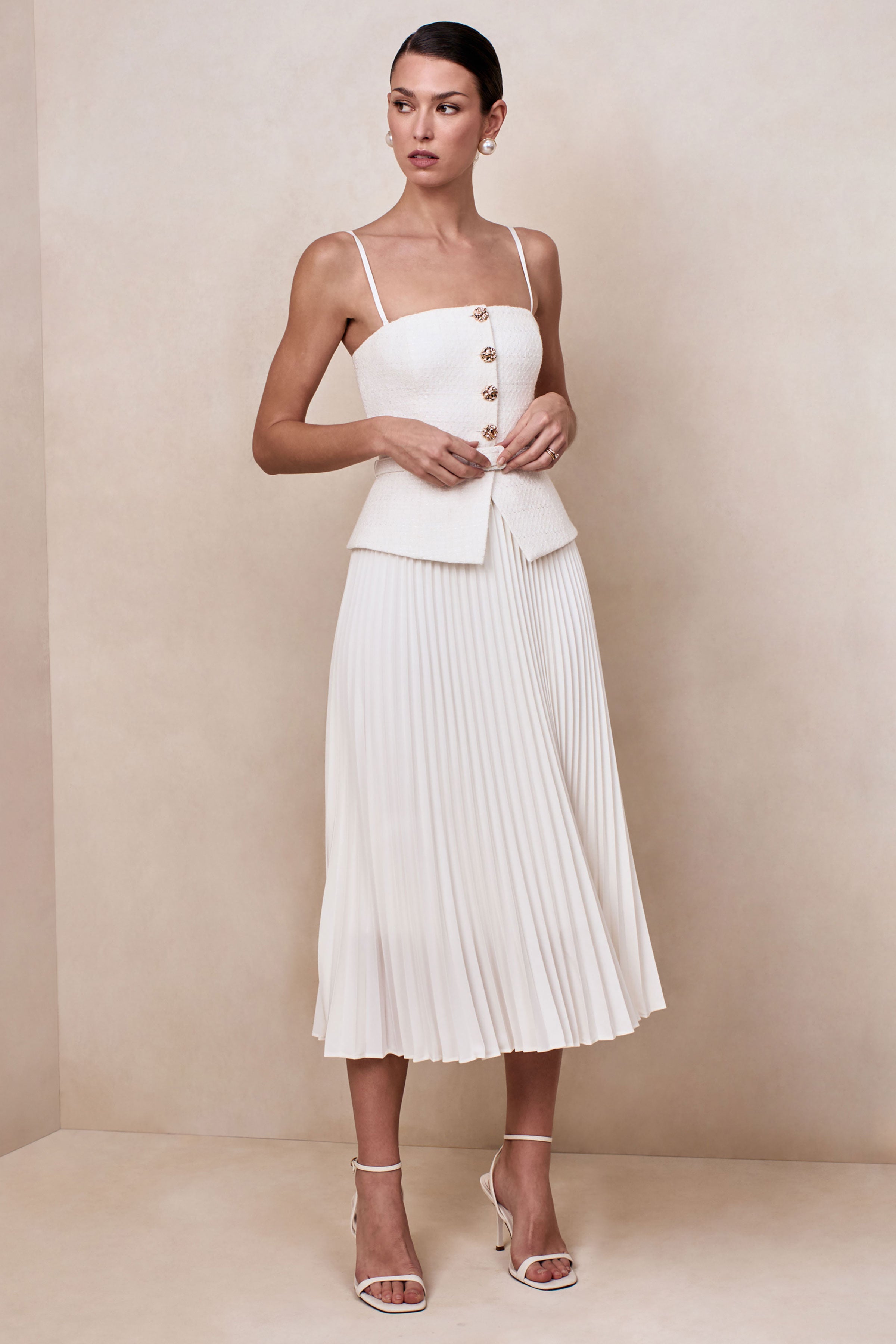 Lizzy | Cream Square-Neck Midi Dress With Pleated-Skirt-Sowoom