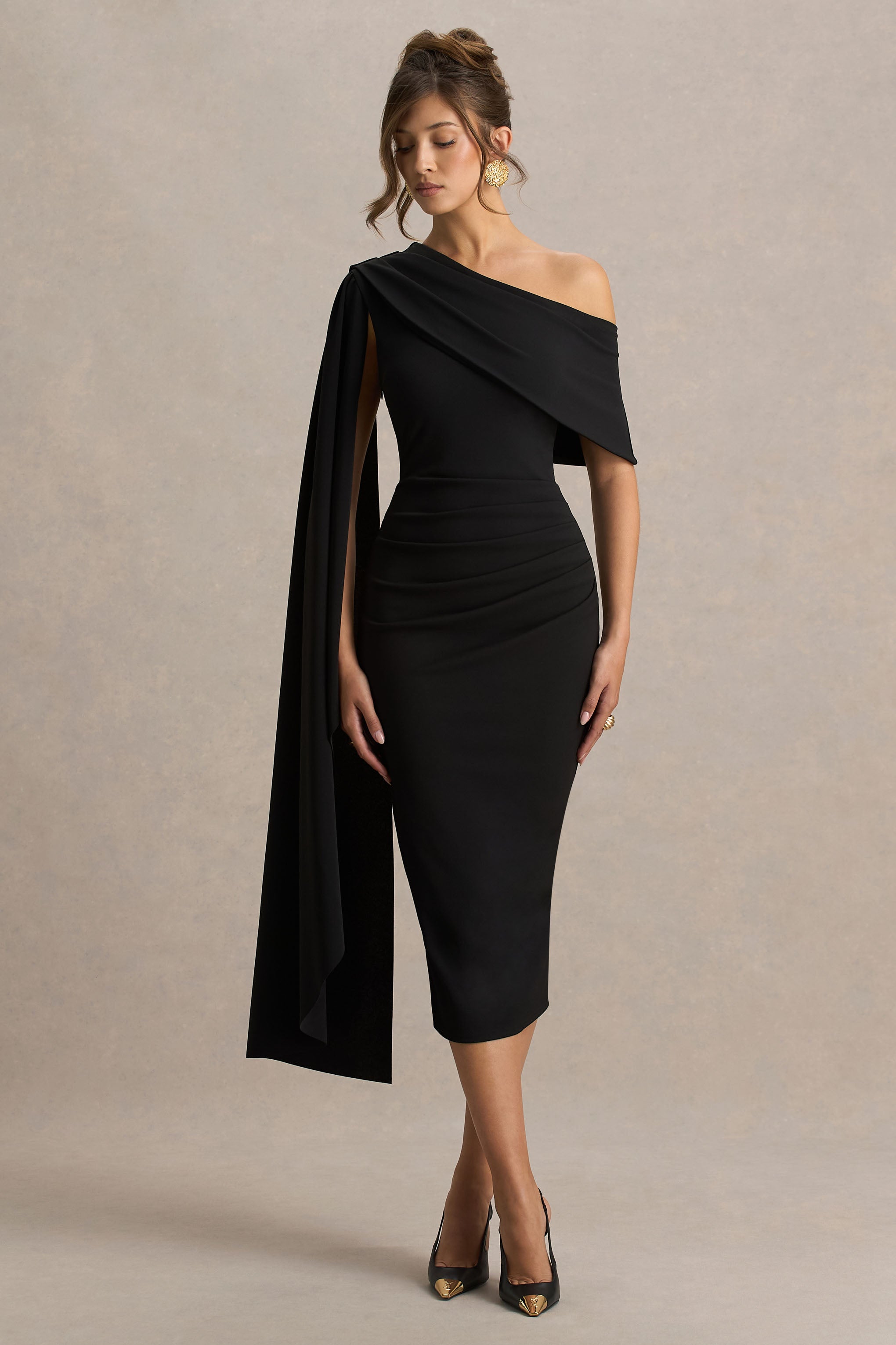 Leah | Black Asymmetric-Neck Midi Dress With Cape-Sleeve-Sowoom