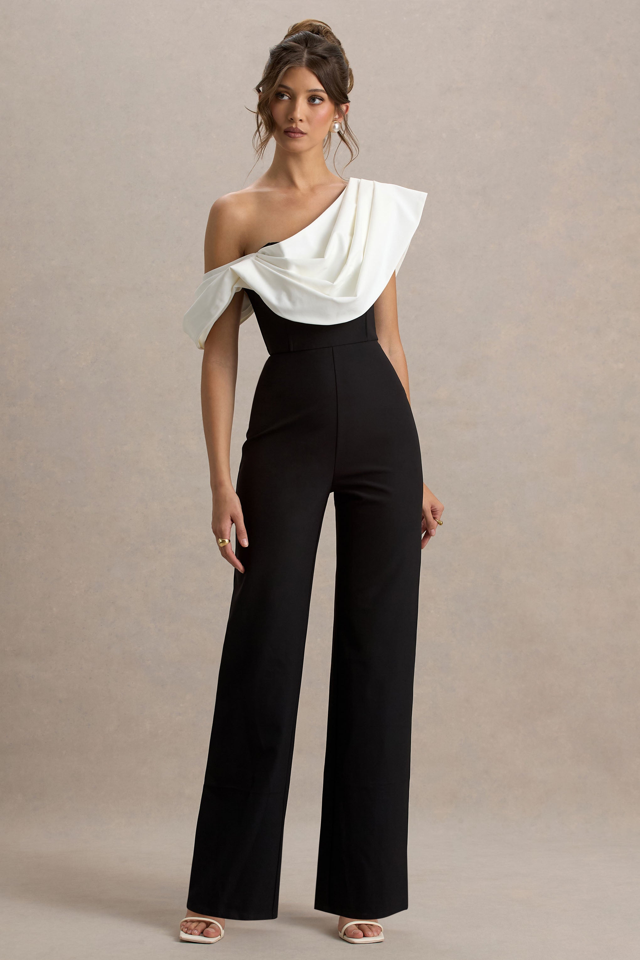Falling For You | Black & White Asymmetric Draped Jumpsuit-Sowoom