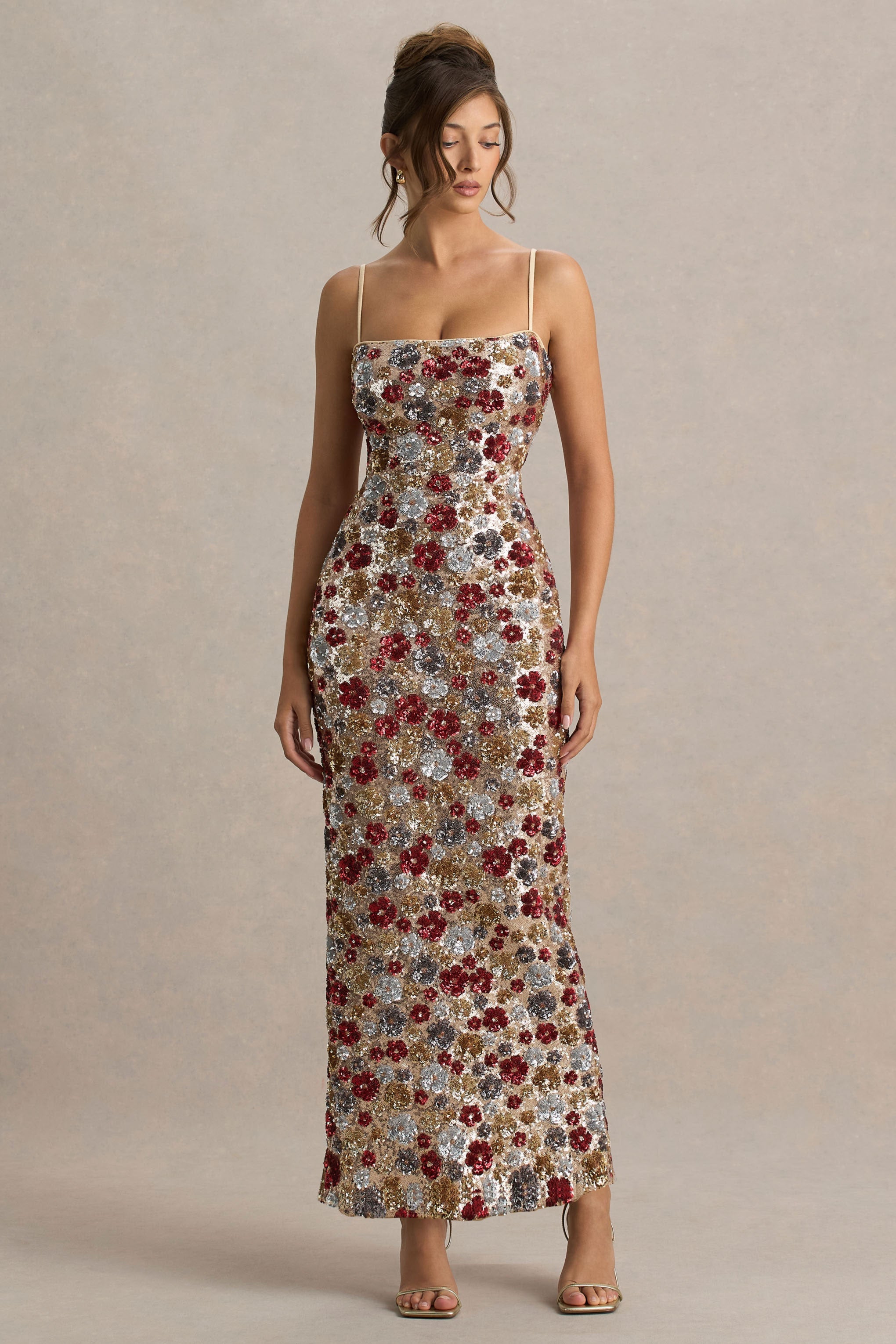 Vitora | Red Floral Embellished Sequin Square-Neck Maxi Dress-Sowoom
