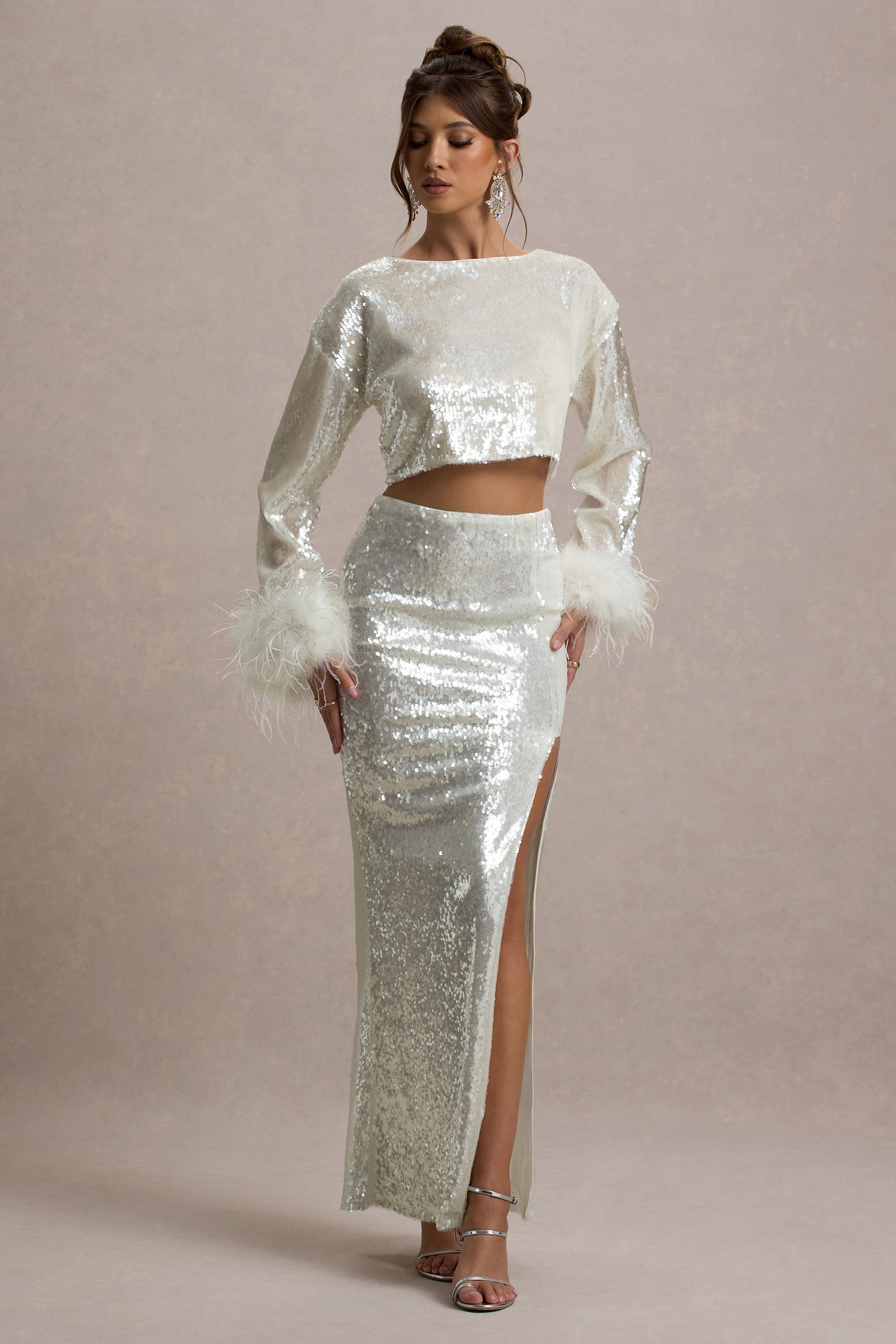 Solita | Sand Sequin Long-Sleeve Crop Top With Feather Trim-Sowoom