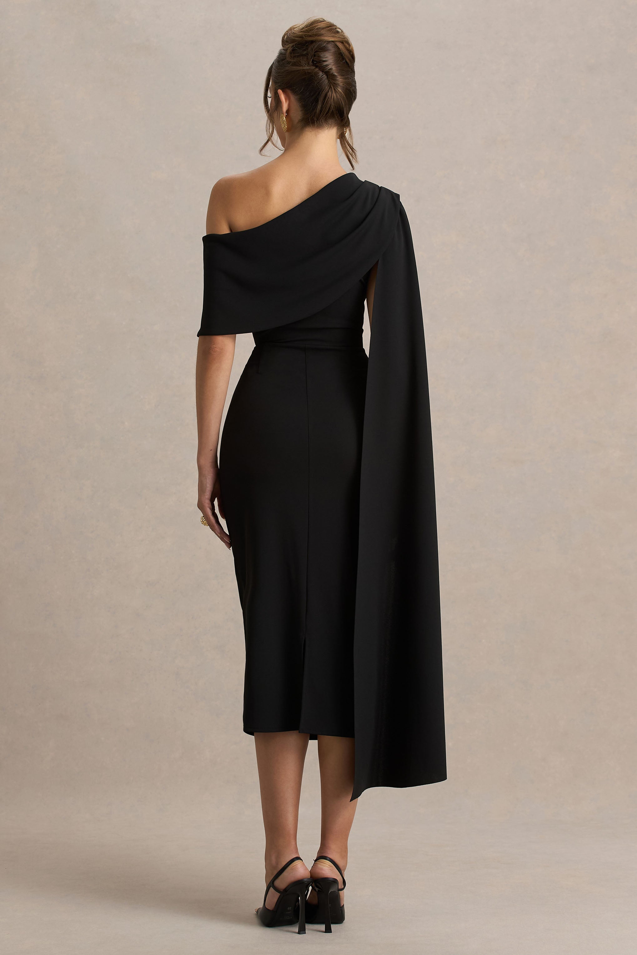 Leah | Black Asymmetric-Neck Midi Dress With Cape-Sleeve-Sowoom