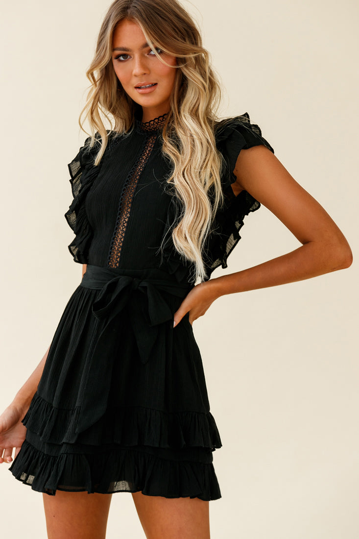 Oakland High Neck Ruffle Detail Dress Black-Maymioy