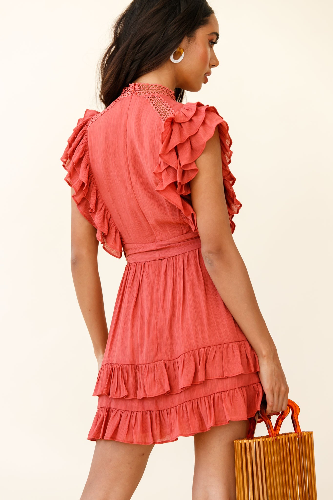 Oakland High Neck Ruffle Detail Dress Rust-Maymioy