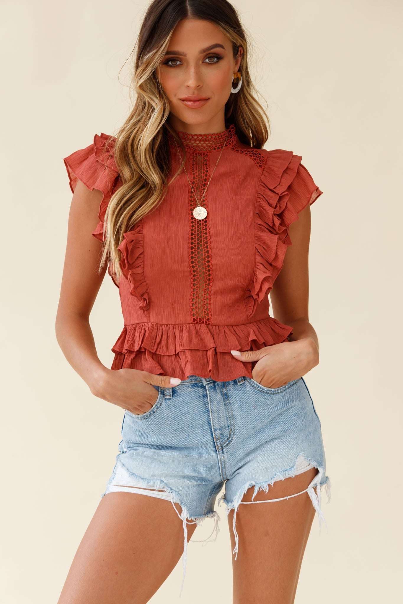 Oakland High Neck Ruffle Detail Top Rust-Maymioy