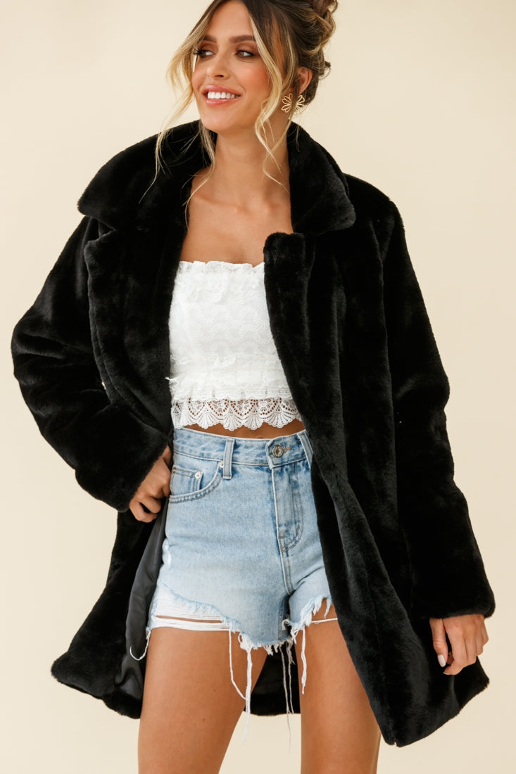 Tahoe Faux Fur Notch Lapel Coat Black-Maymioy
