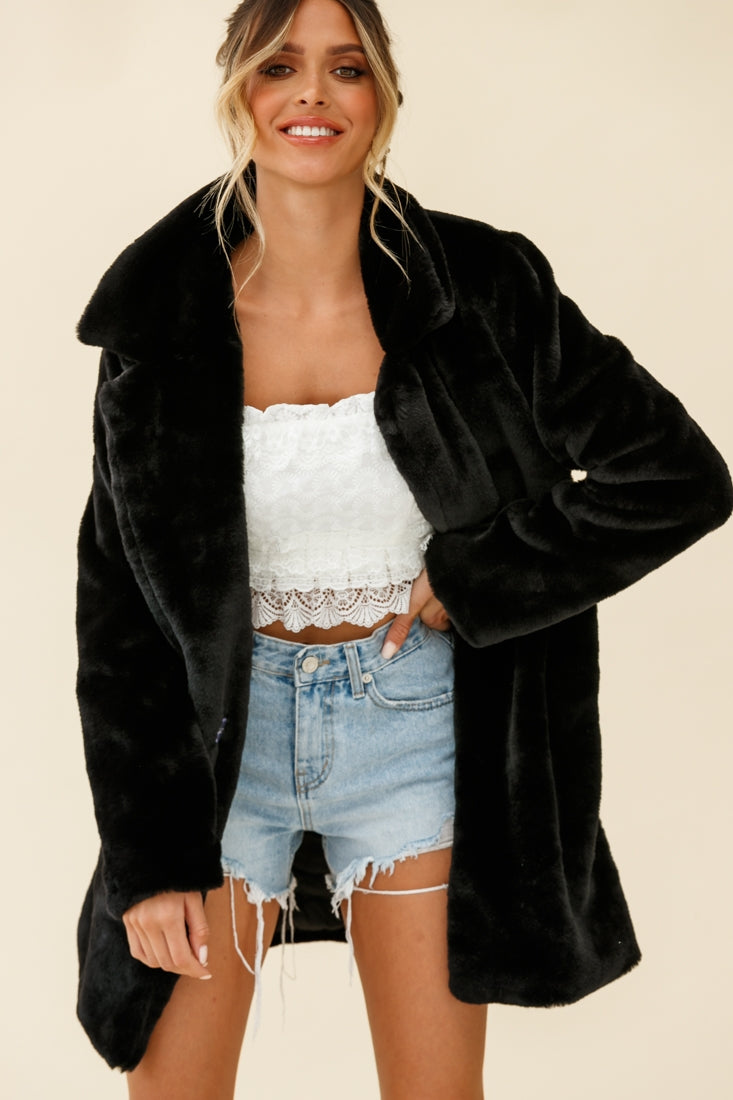 Tahoe Faux Fur Notch Lapel Coat Black-Maymioy