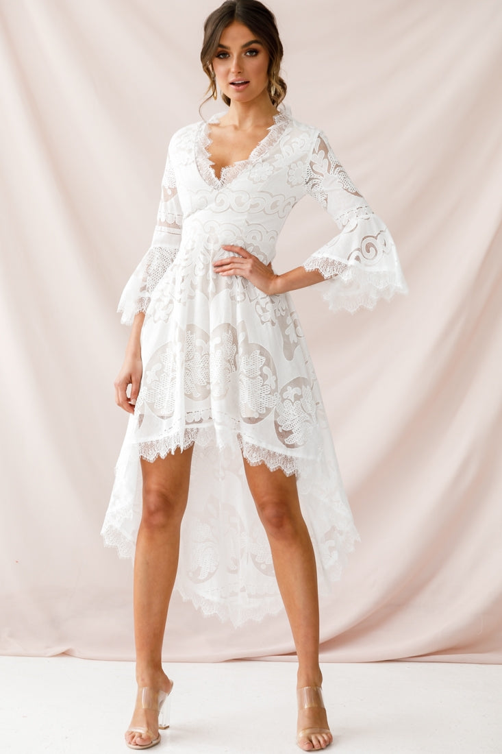 Chantilly High-Low Bell Sleeve Dress White-Maymioy