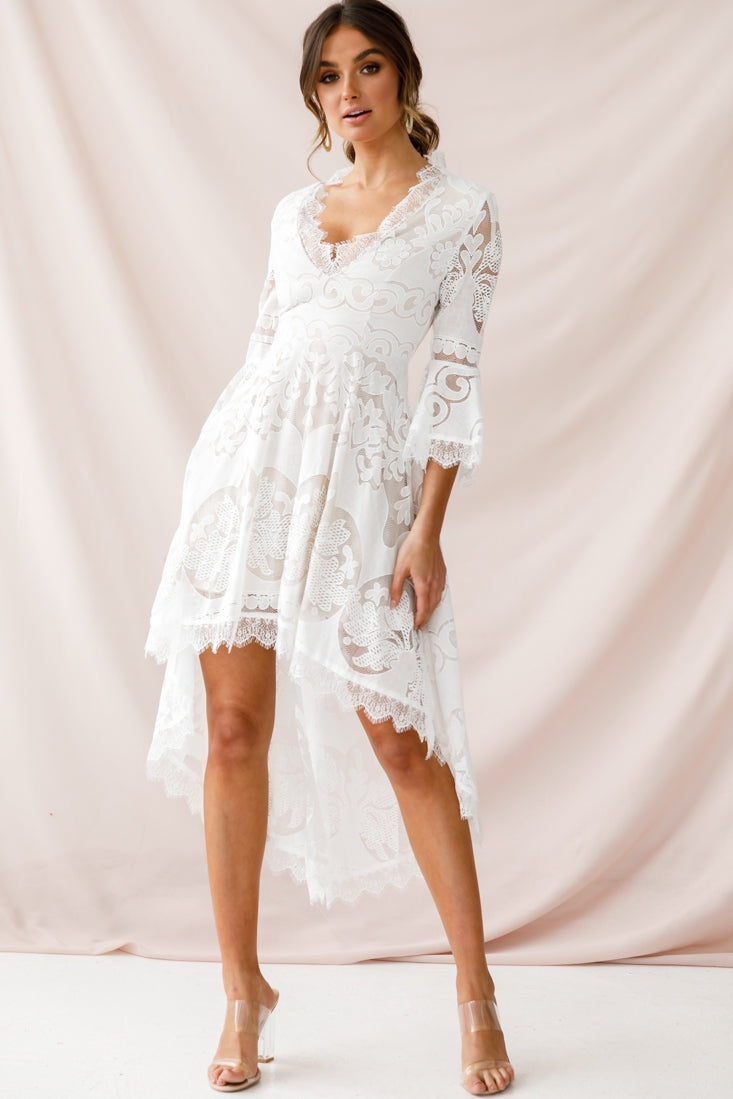 Chantilly High-Low Bell Sleeve Dress White-Maymioy