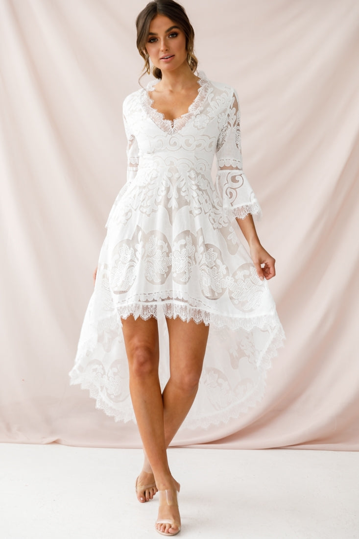 Chantilly High-Low Bell Sleeve Dress White-Maymioy