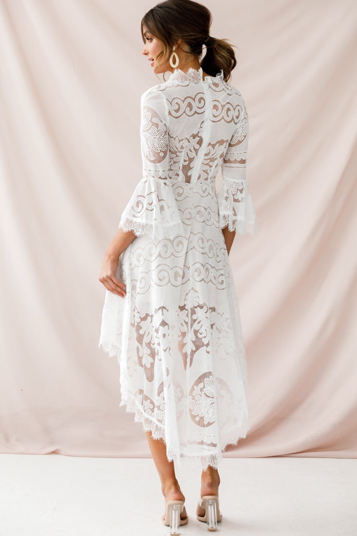 Chantilly High-Low Bell Sleeve Dress White-Maymioy