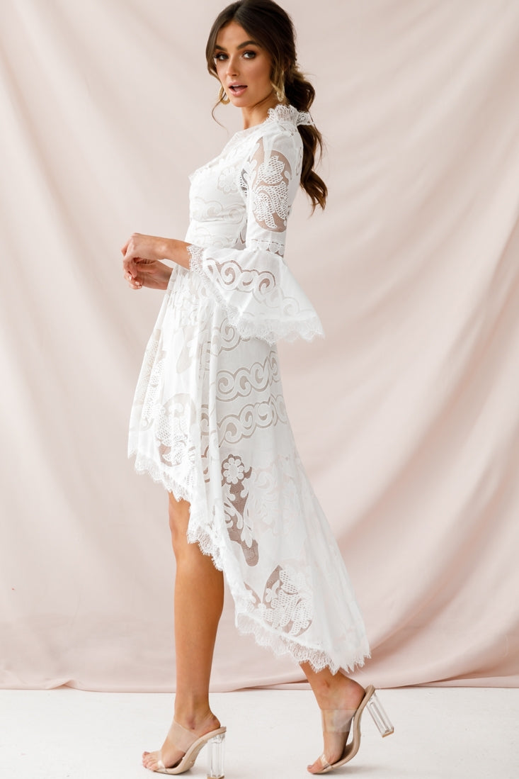 Chantilly High-Low Bell Sleeve Dress White-Maymioy
