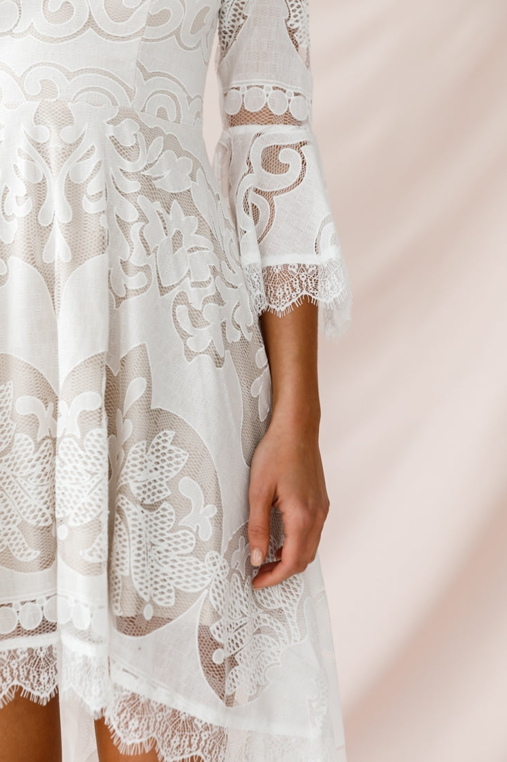 Chantilly High-Low Bell Sleeve Dress White-Maymioy