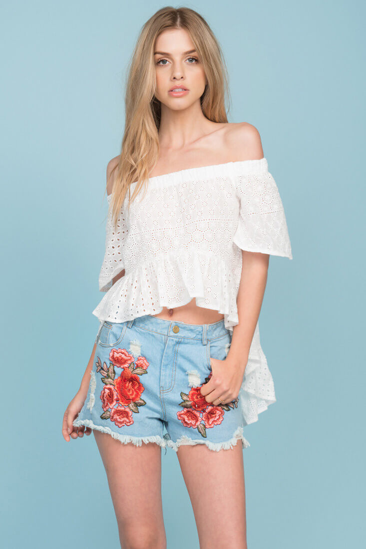 Brenna Fringe Floral Jean Shorts Blue Denim-Maymioy