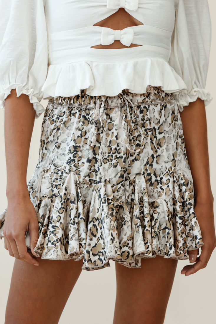 Robyn Flounce Mini Skirt Champagne Leopard-Maymioy