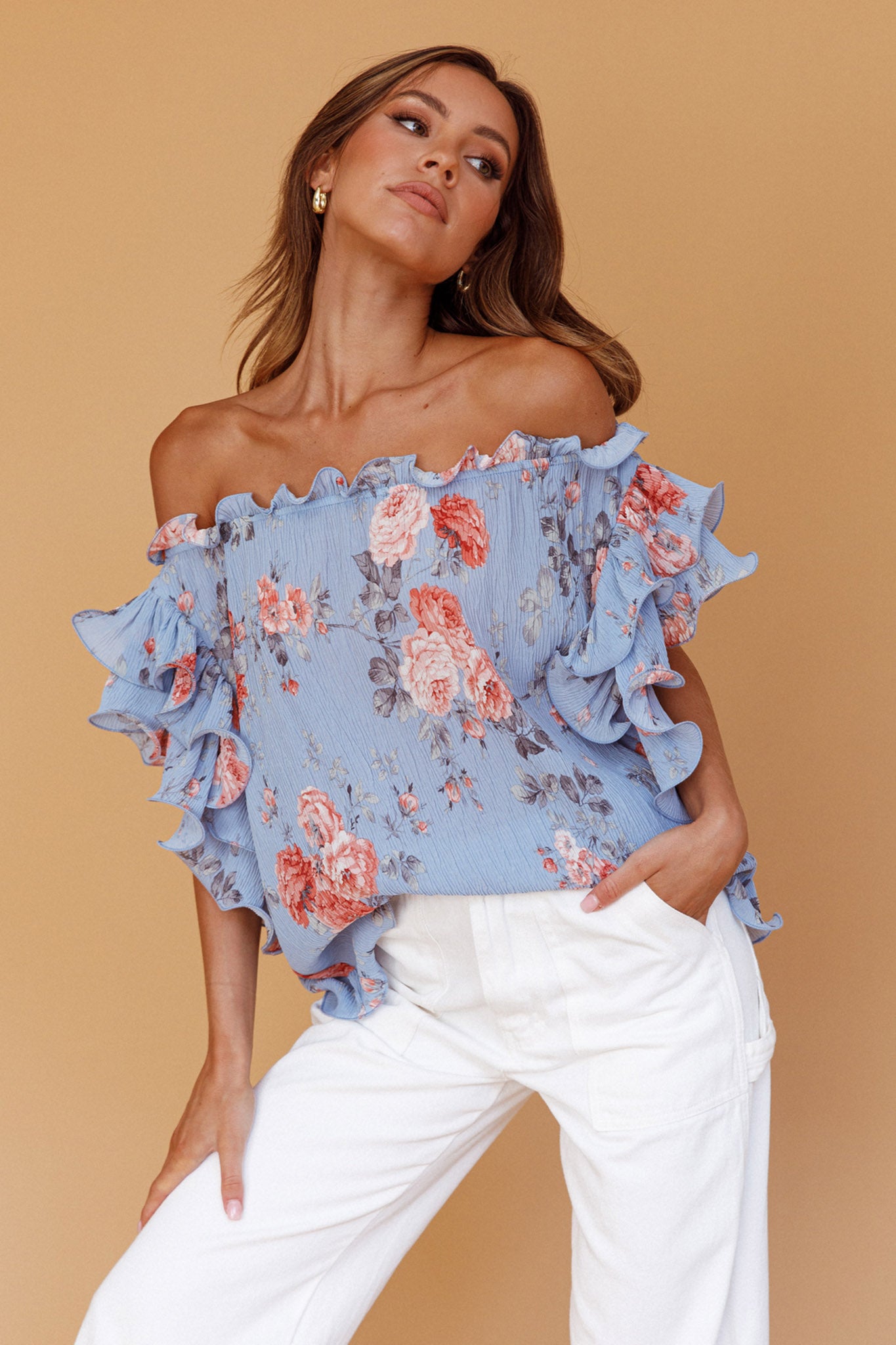 Miranda Off-Shoulder Ruffle Sleeve Top Floral Print Blue-Maymioy