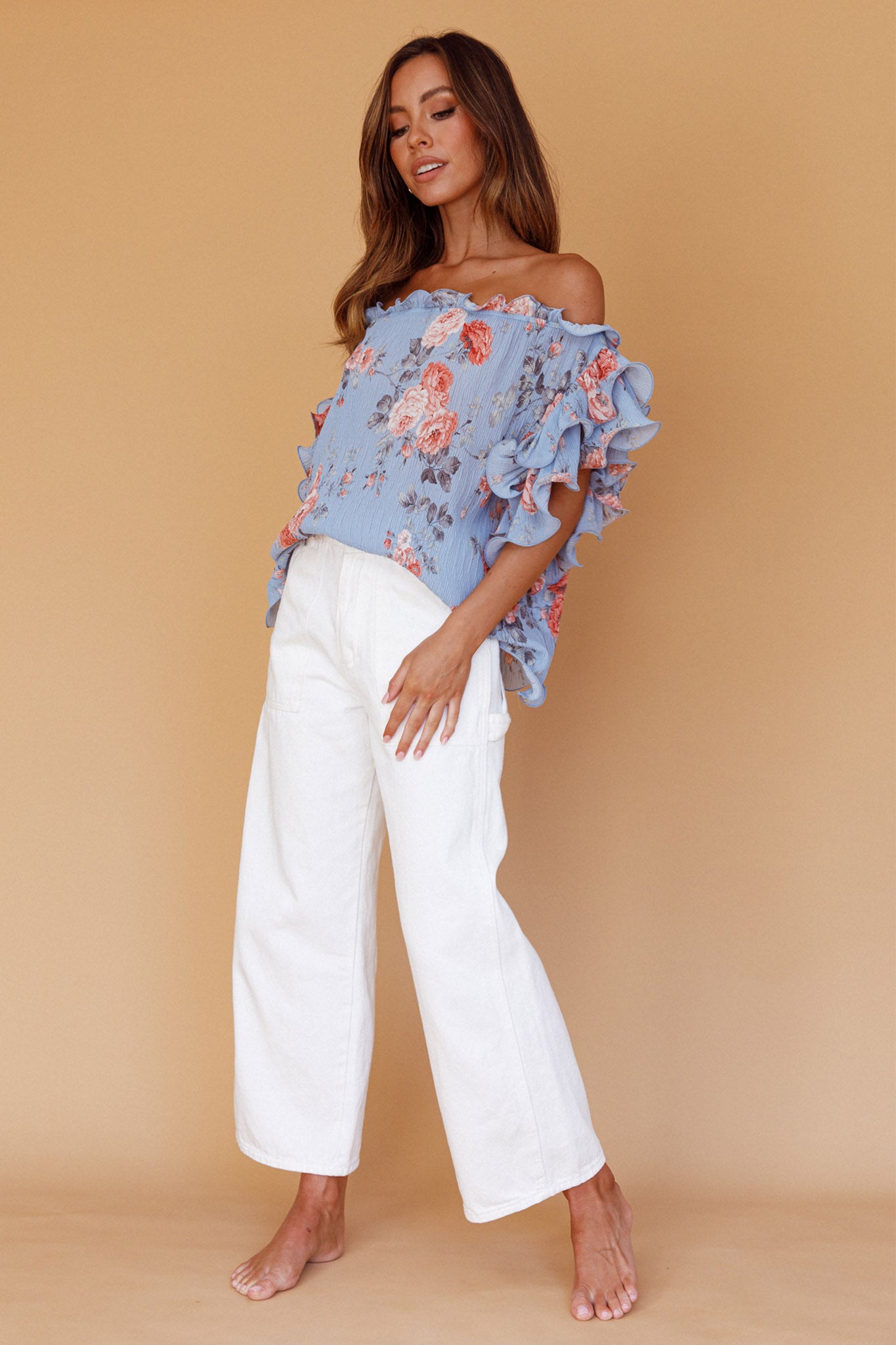 Miranda Off-Shoulder Ruffle Sleeve Top Floral Print Blue-Maymioy