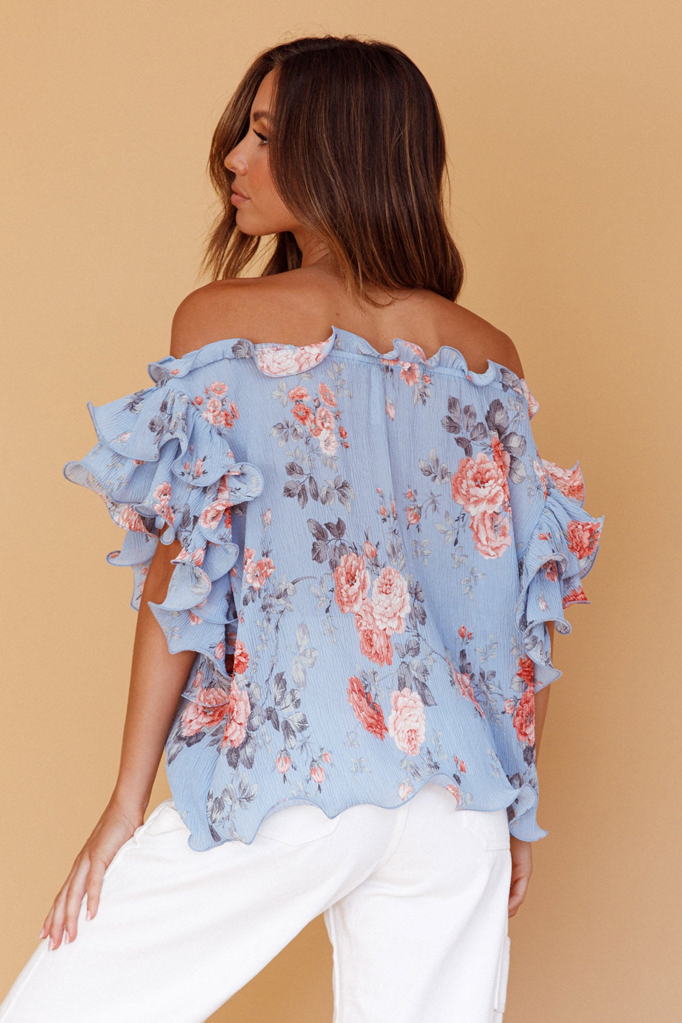 Miranda Off-Shoulder Ruffle Sleeve Top Floral Print Blue-Maymioy