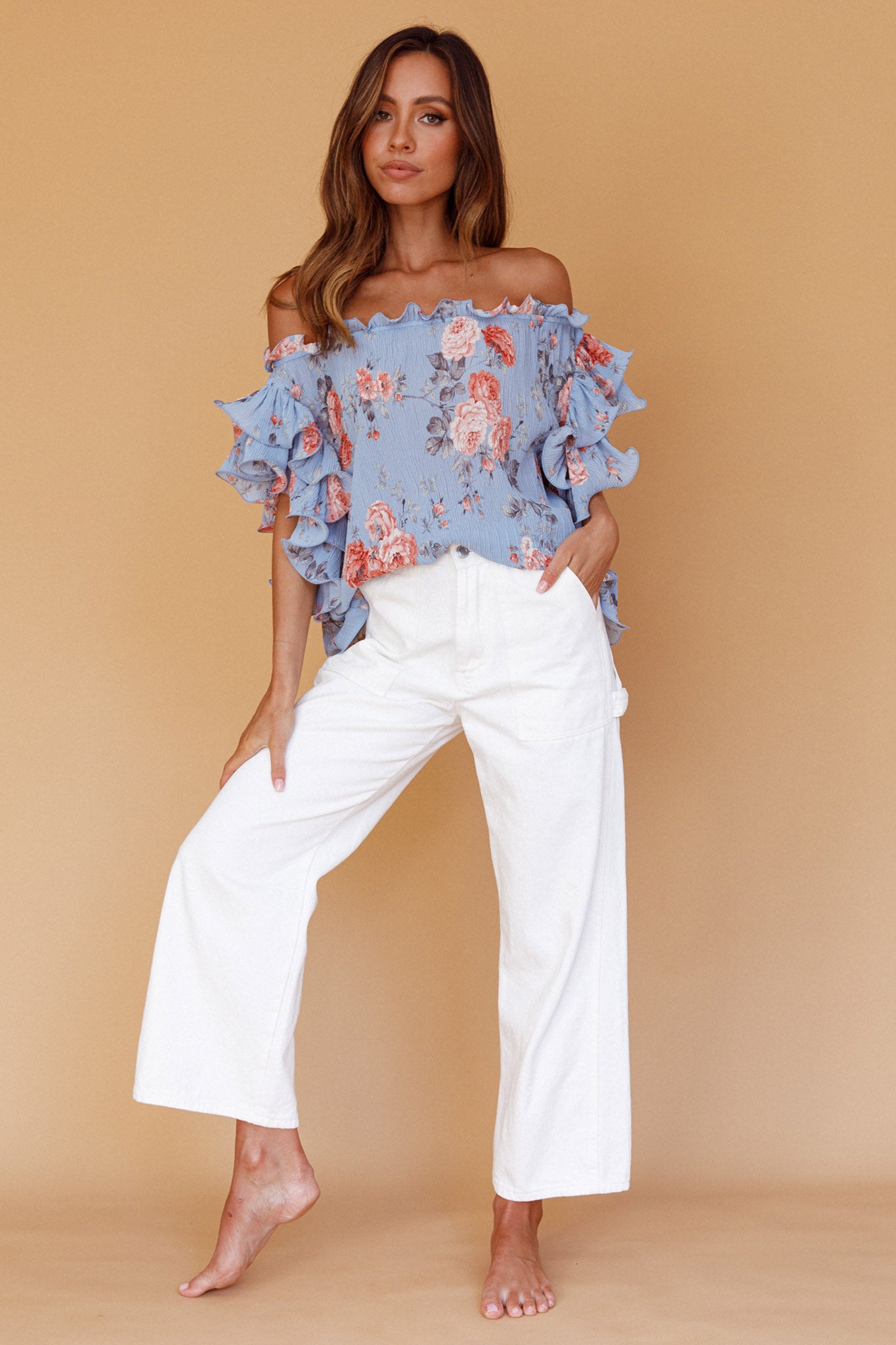 Miranda Off-Shoulder Ruffle Sleeve Top Floral Print Blue-Maymioy