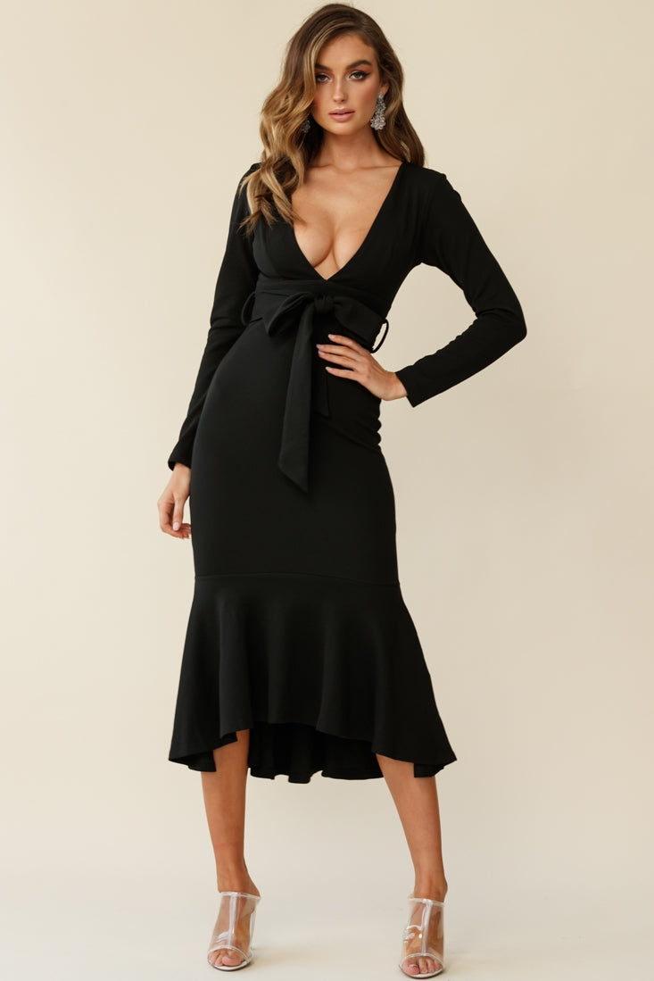 Sorry Not Sorry Long Sleeve Flounce Midi Dress Black-Maymioy