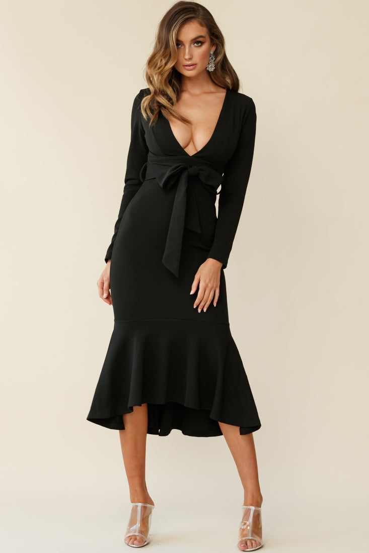 Sorry Not Sorry Long Sleeve Flounce Midi Dress Black-Maymioy