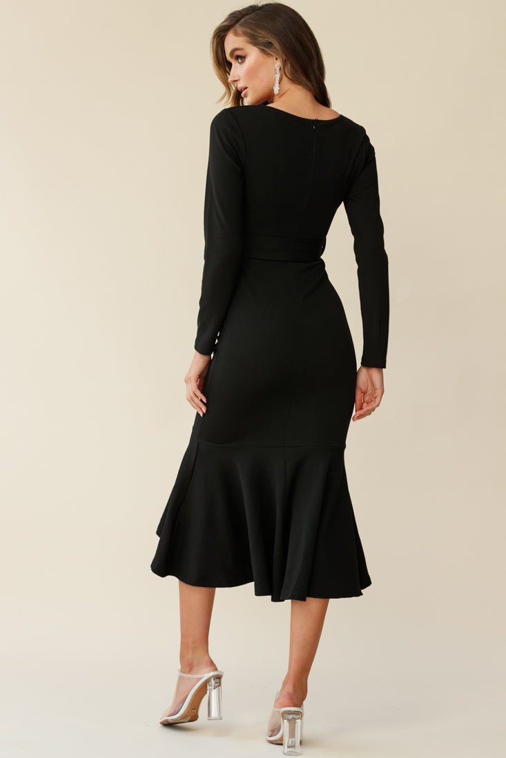 Sorry Not Sorry Long Sleeve Flounce Midi Dress Black-Maymioy