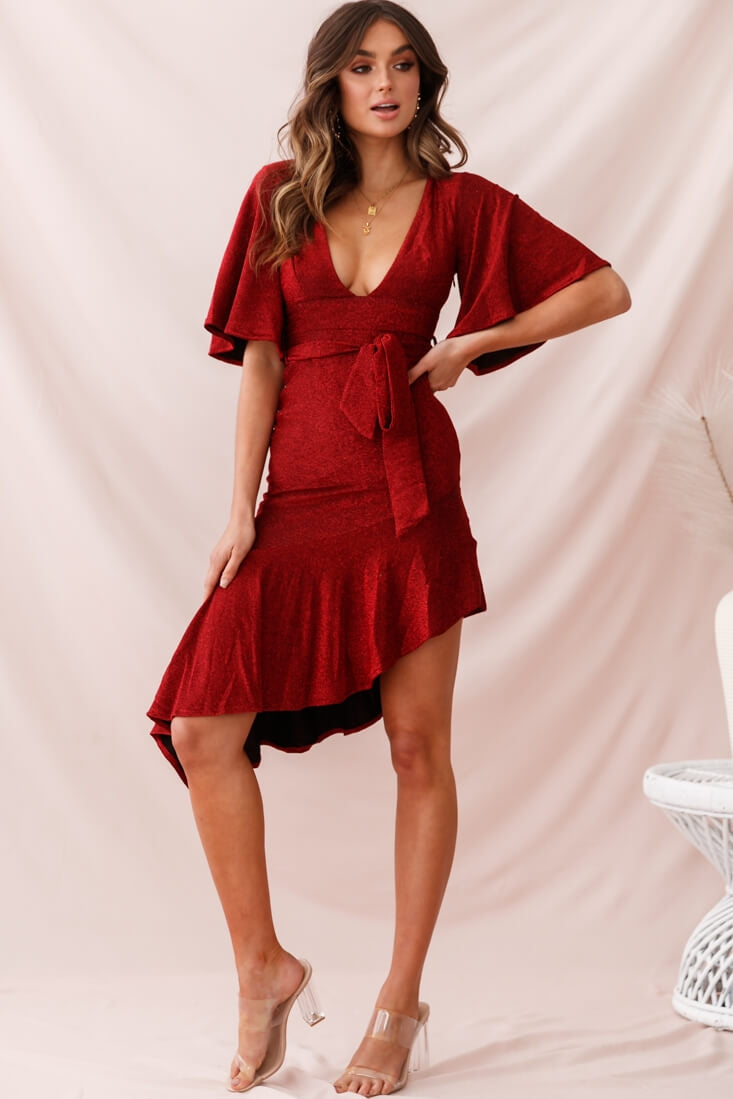 Sorry Not Sorry Asymmetrical Hem Dress Red-Maymioy