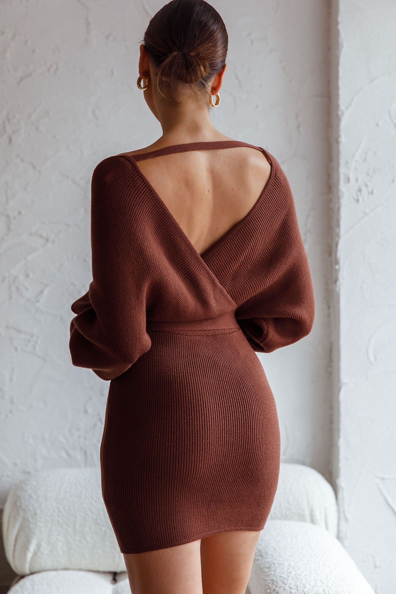 Cameo Long Batwing Sleeve Knit Mini Dress Chocolate-Maymioy