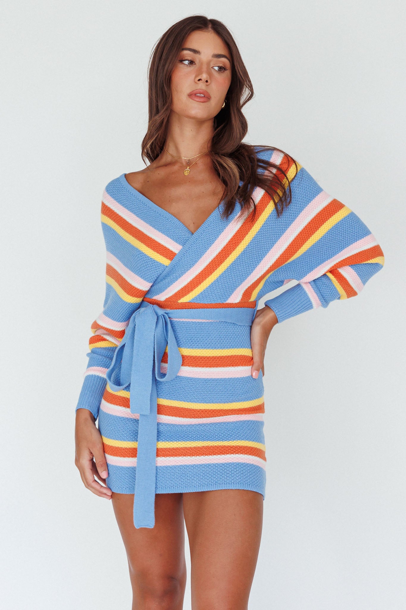 Cameo Batwing Knit Dress Striped Blue-Maymioy