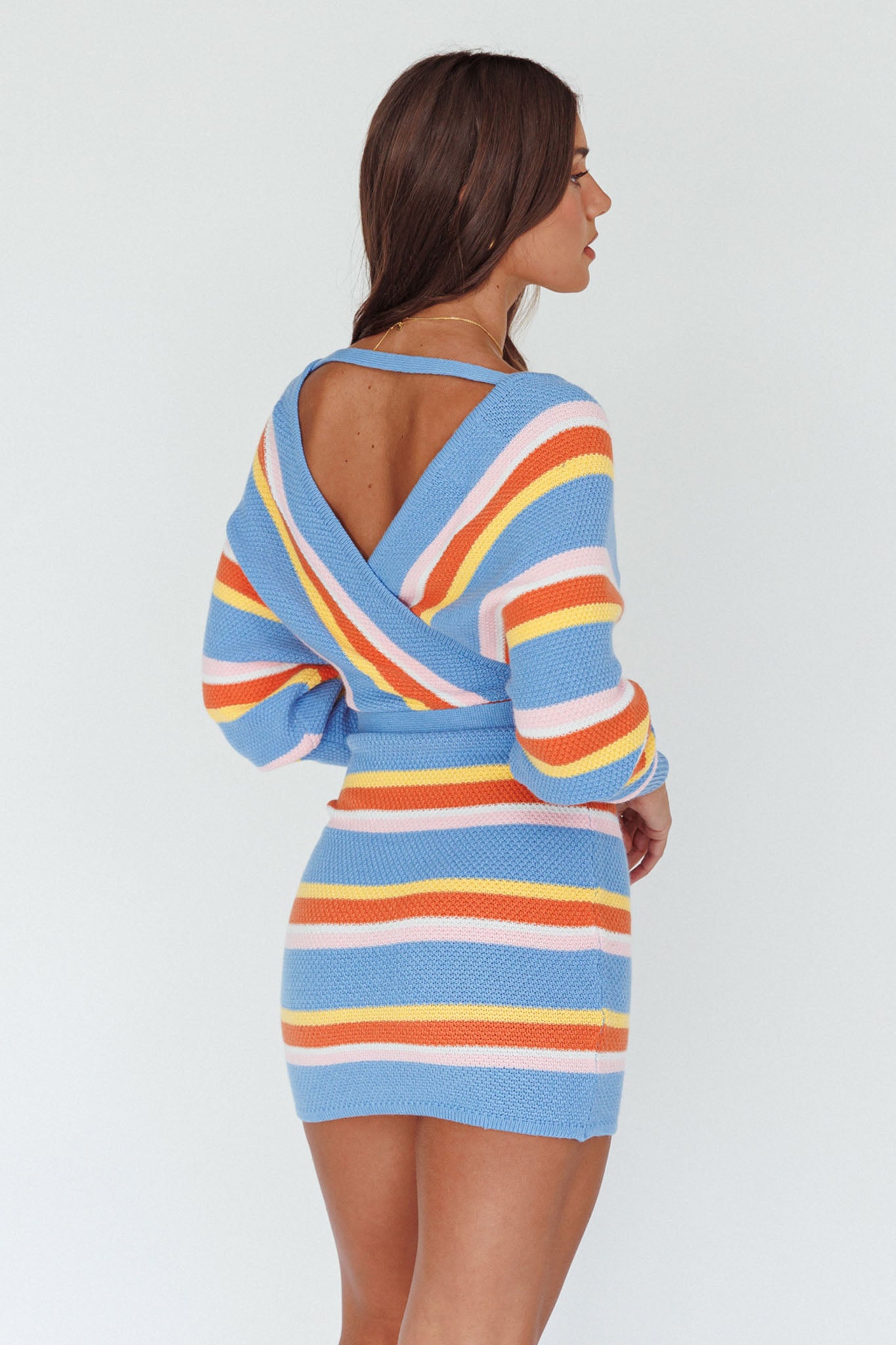 Cameo Batwing Knit Dress Striped Blue-Maymioy