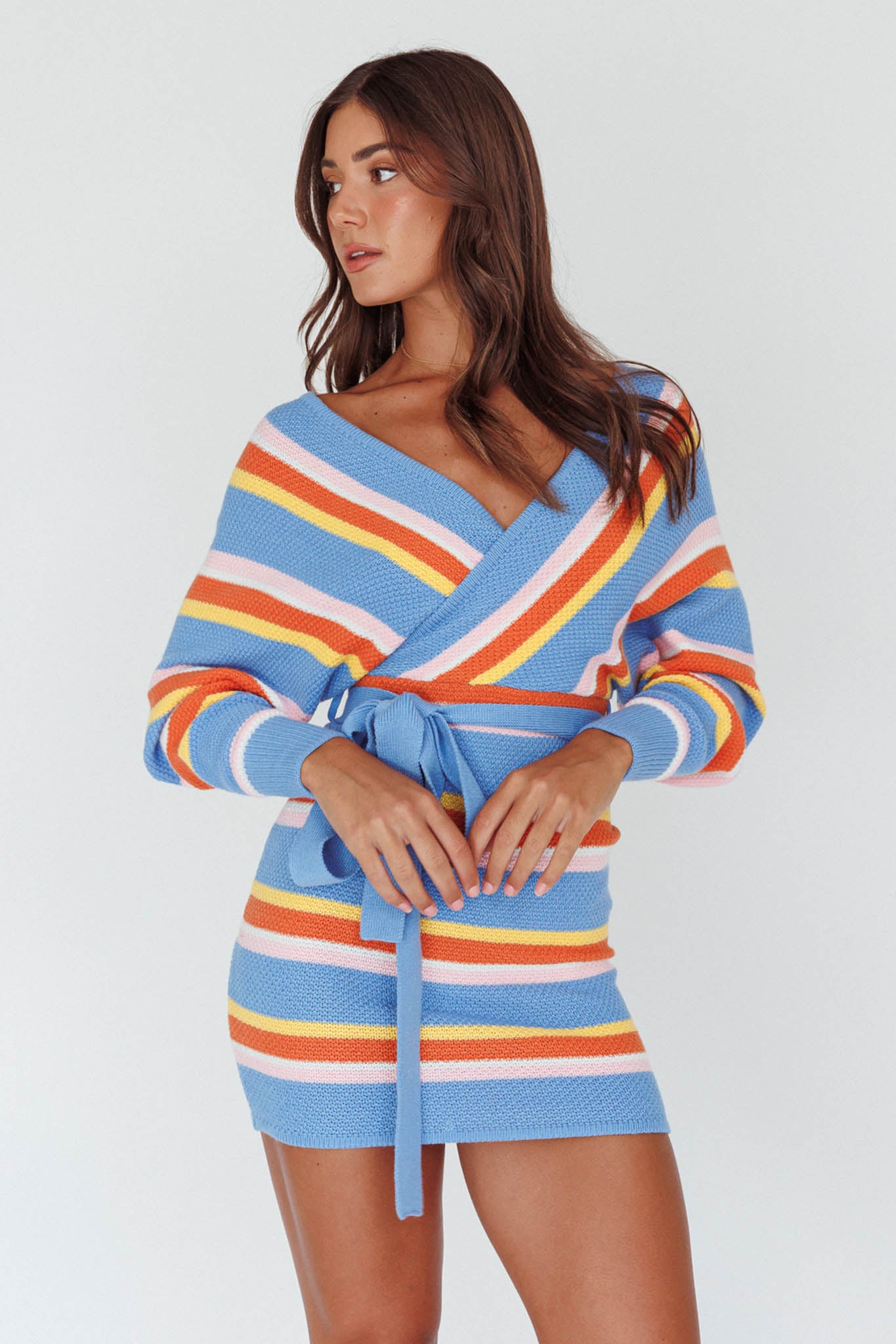 Cameo Batwing Knit Dress Striped Blue-Maymioy