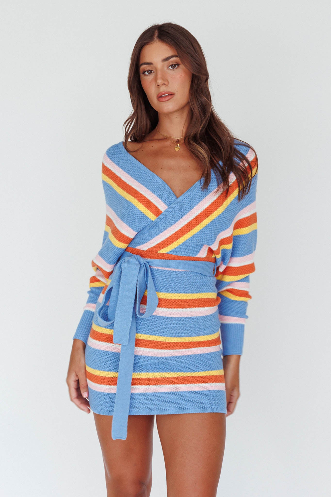 Cameo Batwing Knit Dress Striped Blue-Maymioy