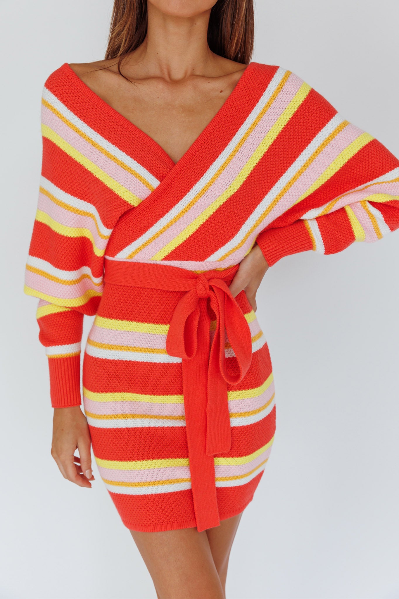 Cameo Batwing Knit Dress Striped Pink-Maymioy