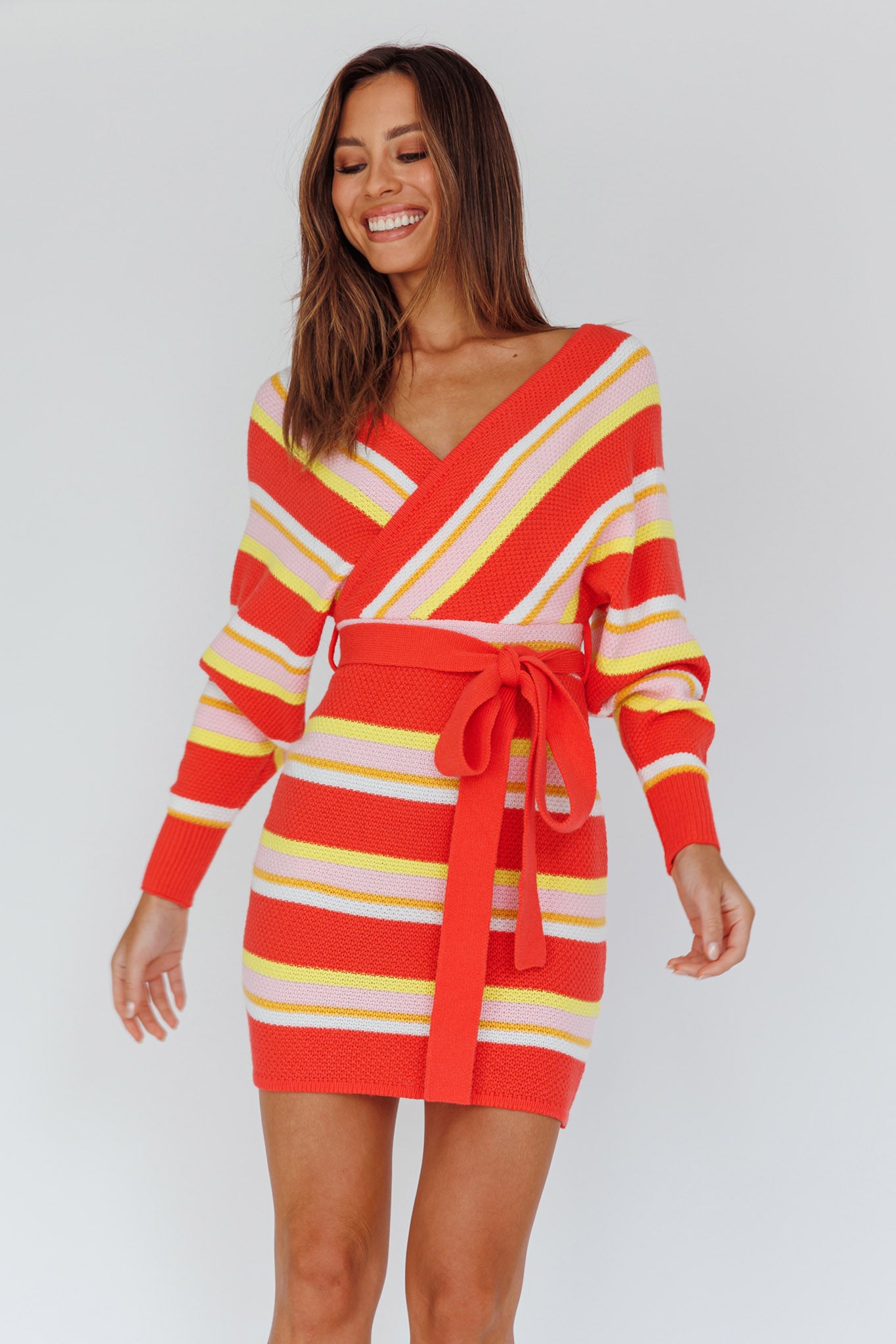 Cameo Batwing Knit Dress Striped Pink-Maymioy