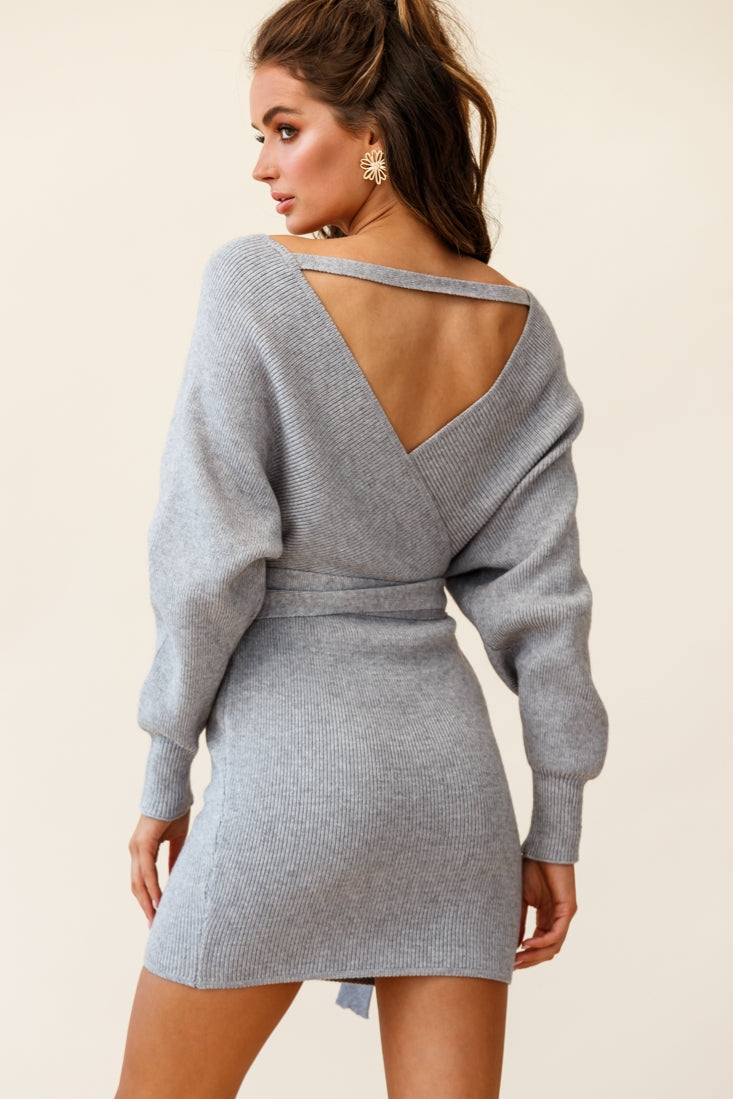 Cameo Batwing Knit Dress Grey-Maymioy