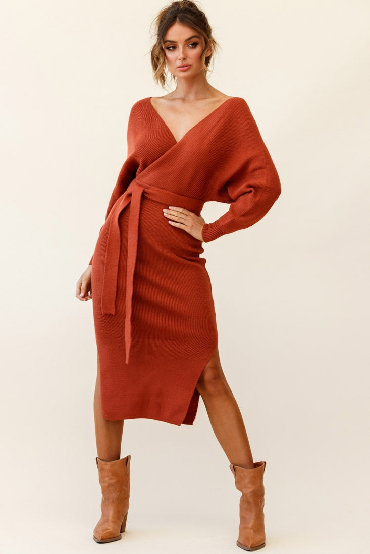 Cameo Batwing Knit Midi Dress Camel-Maymioy