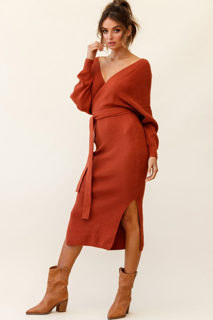 Cameo Batwing Knit Midi Dress Camel-Maymioy