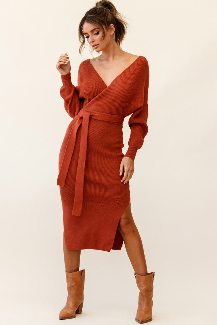 Cameo Batwing Knit Midi Dress Camel-Maymioy