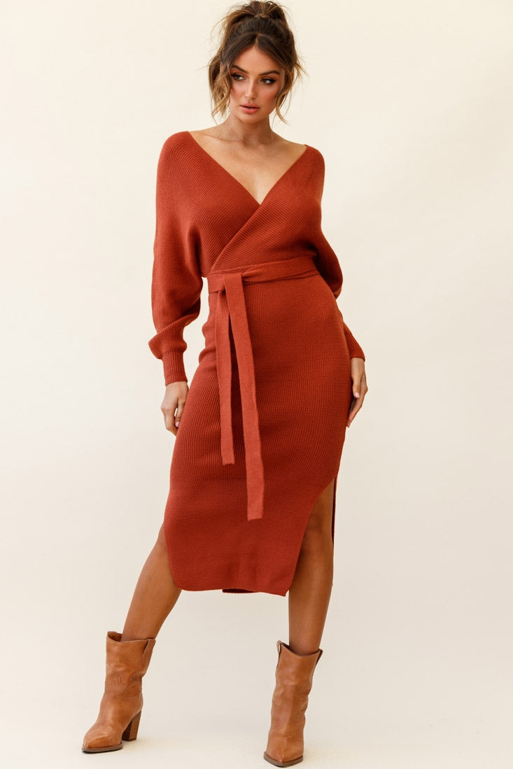 Cameo Batwing Knit Midi Dress Camel-Maymioy