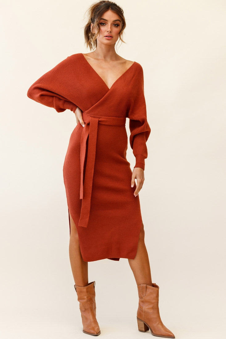 Cameo Batwing Knit Midi Dress Camel-Maymioy