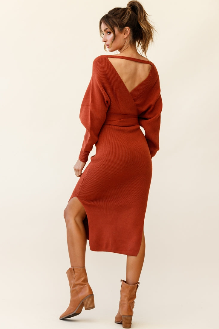Cameo Batwing Knit Midi Dress Camel-Maymioy