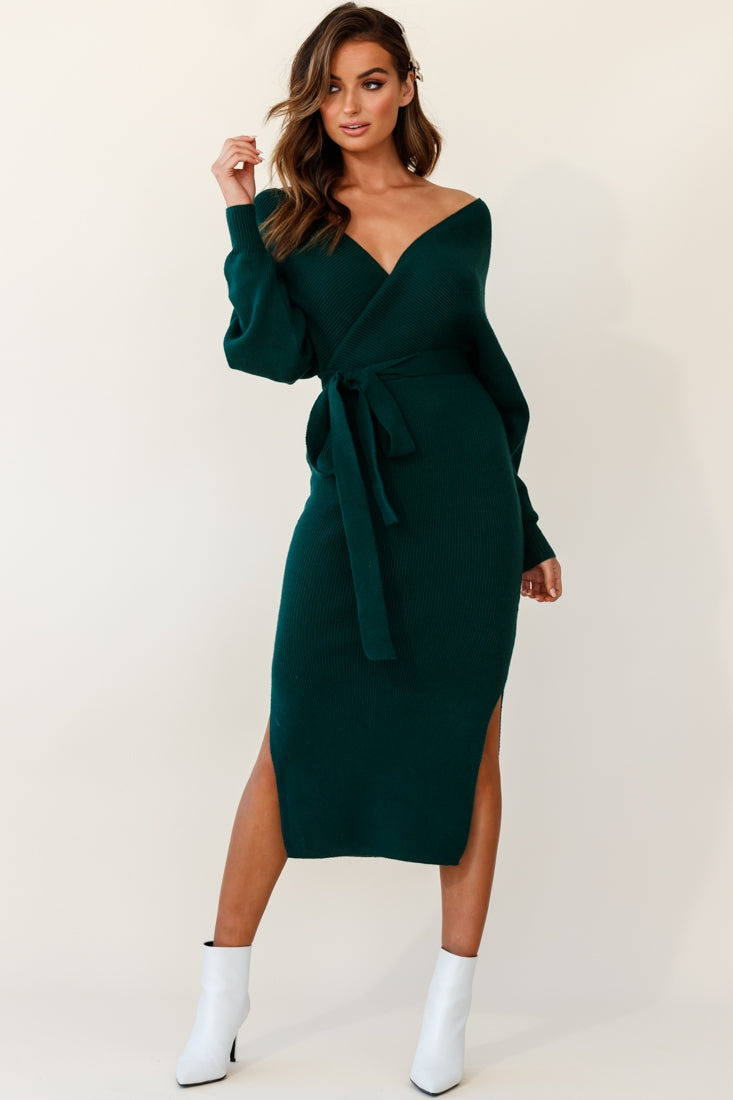 Cameo Batwing Knit Midi Dress Forest Green-Maymioy
