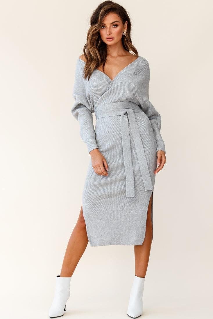 Cameo Batwing Knit Midi Dress Grey-Maymioy
