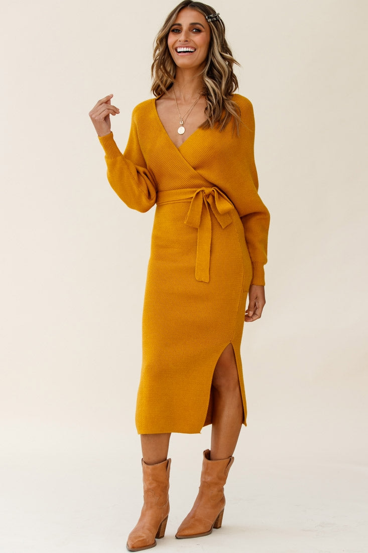 Cameo Batwing Knit Midi Dress Mustard-Maymioy