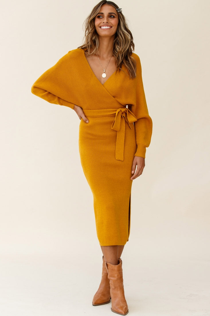 Cameo Batwing Knit Midi Dress Mustard-Maymioy