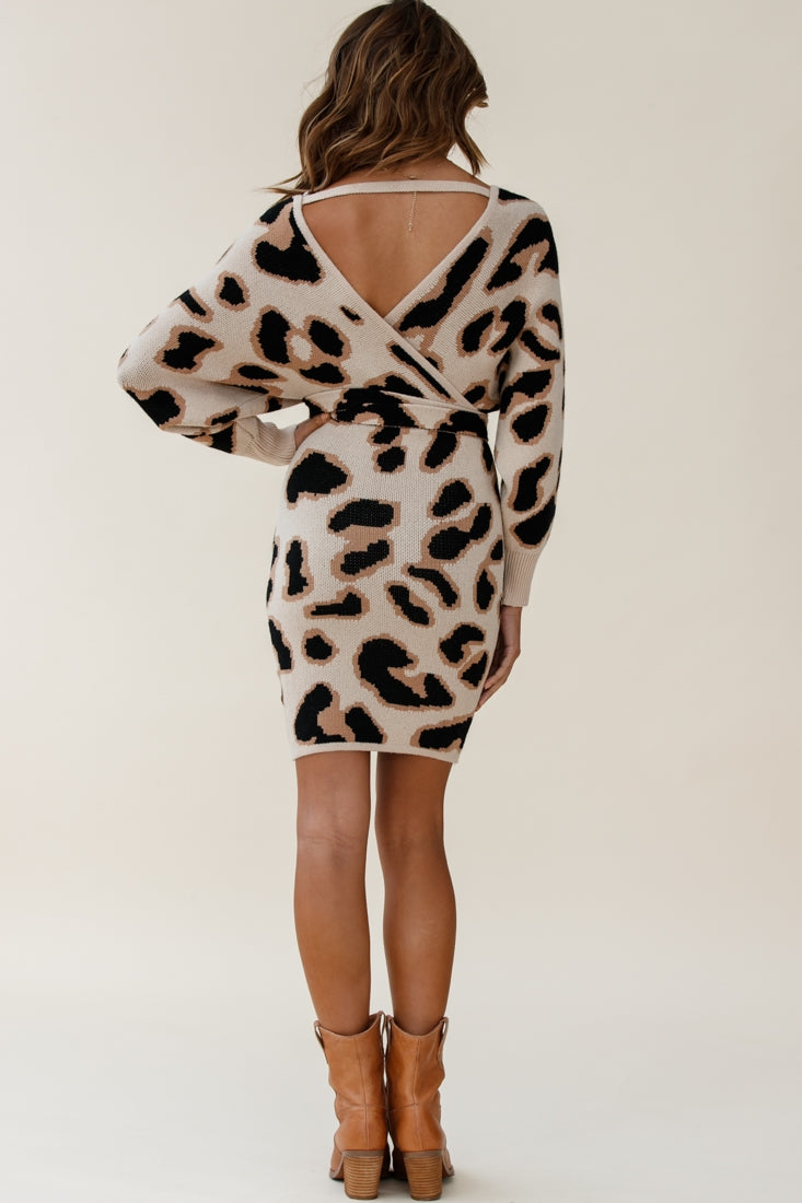 Cameo Batwing Knit Dress Animal Print Beige-Maymioy