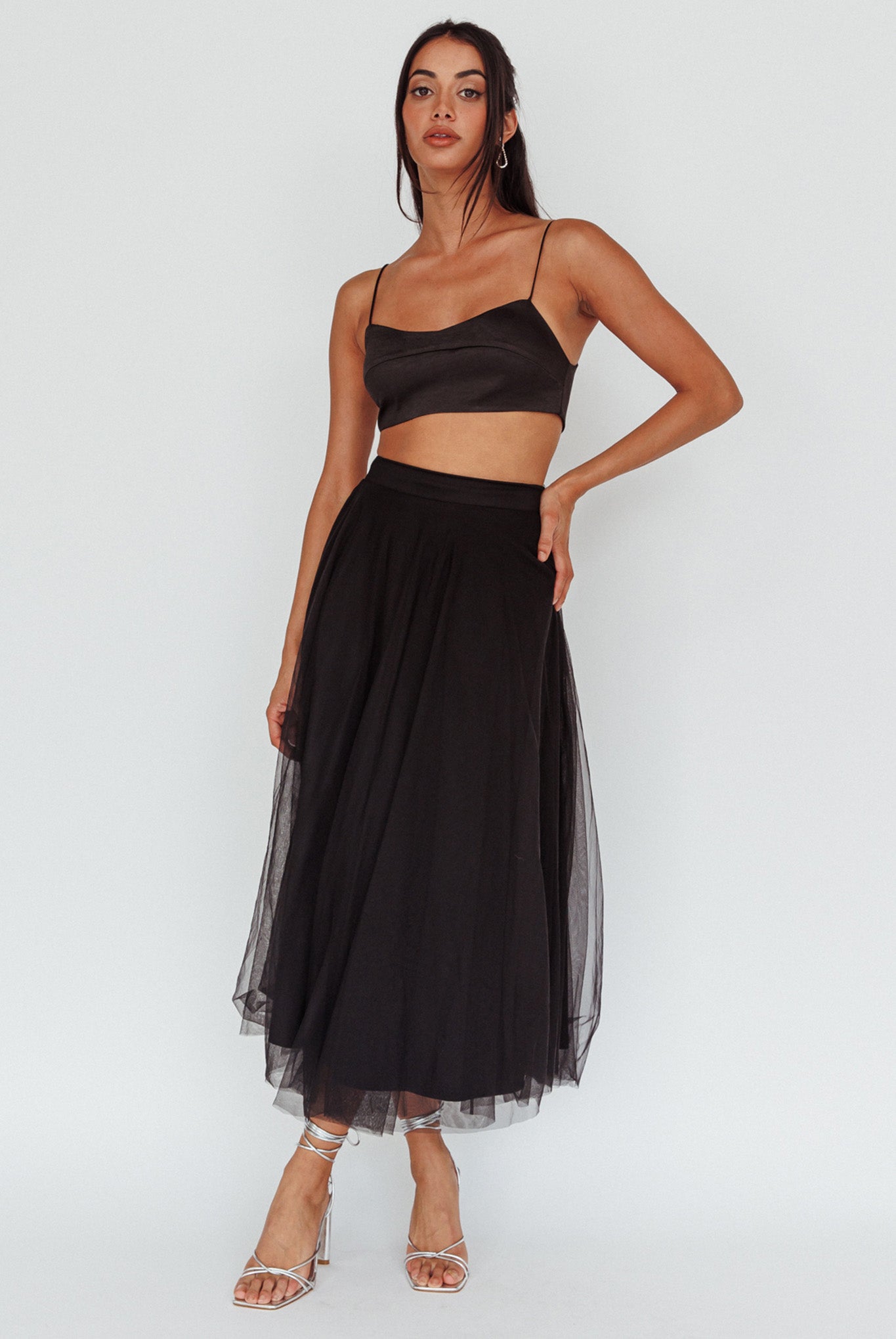 Jasmine Organza Mesh Elasticated Waist Midi Skirt Black-Maymioy