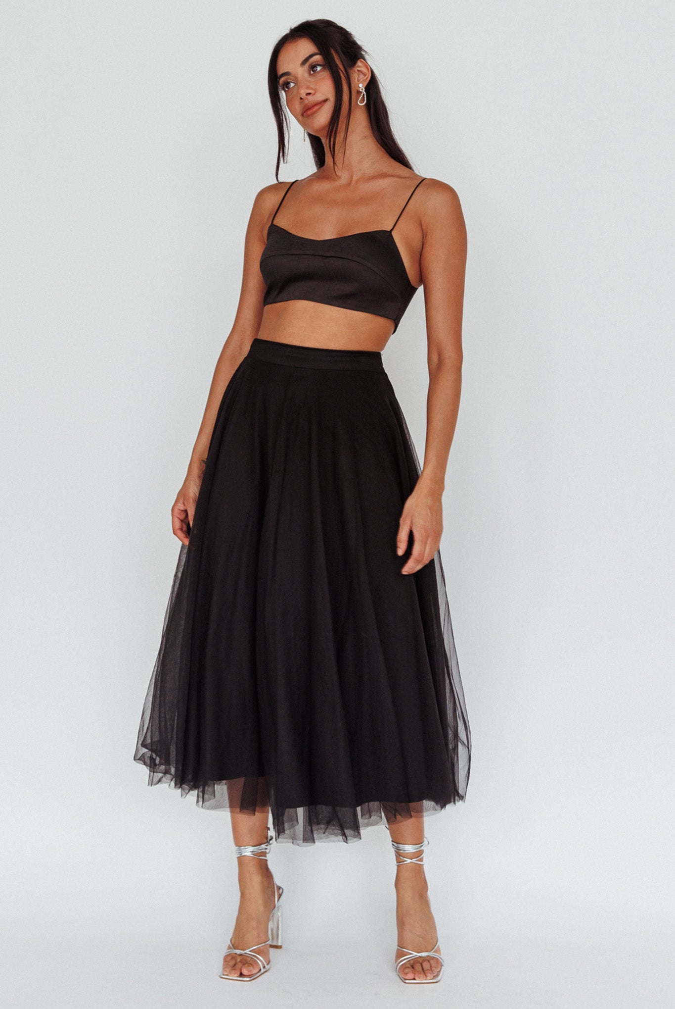 Jasmine Organza Mesh Elasticated Waist Midi Skirt Black-Maymioy