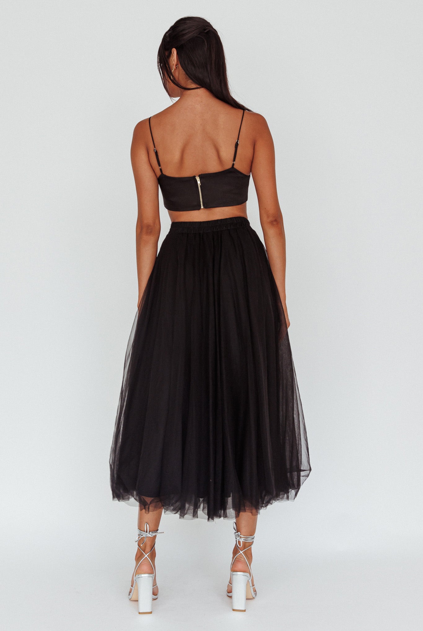 Jasmine Organza Mesh Elasticated Waist Midi Skirt Black-Maymioy